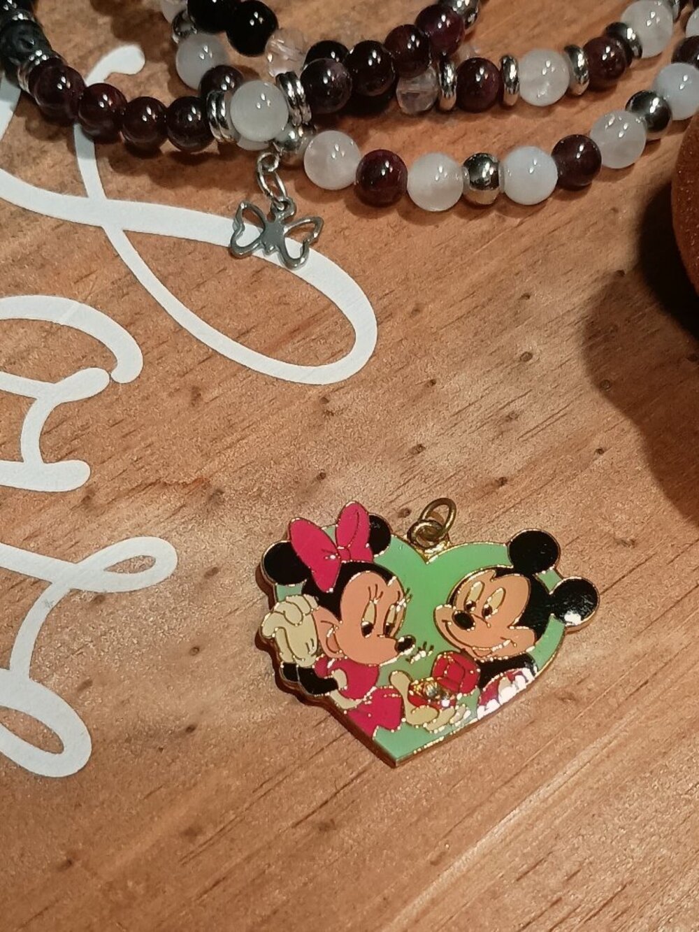 Vintage Disney Mickey & Minnie Proposal Cloisonné Pendant 90s Enamel Heart